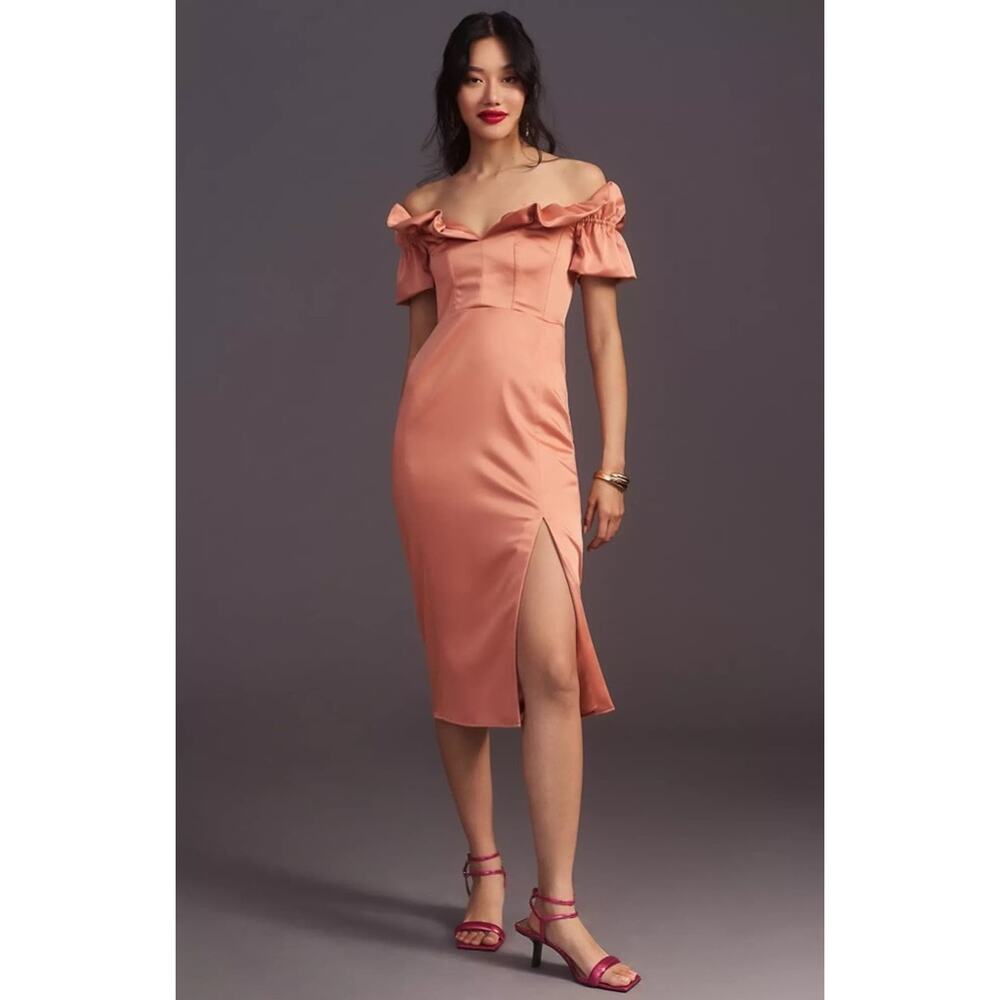Anthropologie Ruffled Off-The-Shoulder Midi Dress Silky Side Slit Smocked Large - Picture 4 of 6